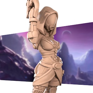 May include: A 3D printed figurine of a female character wearing a hooded outfit with a detailed design. The character is holding a weapon in her right hand and has a futuristic look.