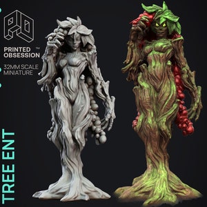 May include: A 32mm scale miniature of a tree ent, a humanoid creature made of wood and vines. The miniature is painted in a natural wood color with green accents. The ent is holding a cluster of red berries in its hand. The miniature is printed by Printed Obsession.
