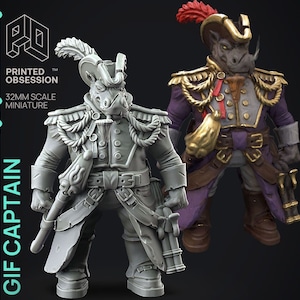 May include: A gray 32mm scale miniature of a pig-like creature wearing a captain's hat and a detailed military uniform. The miniature is holding a sword and a pistol. The miniature is part of a set of fantasy miniatures for tabletop games.