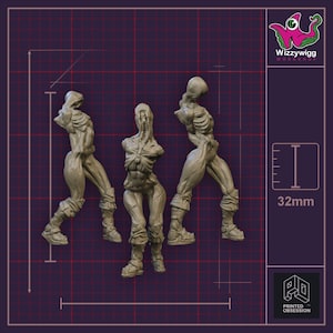 May include: Three gray miniature figures of humanoid creatures with exposed skeletal structures and detailed musculature. The figures are posed in dynamic stances, with one standing and two in motion. The image includes the text "Wizzywigg Workshop" and "Printed Obsession."