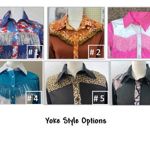 Op de afbeelding: Een collage van zes shirts in westerse stijl, elk met unieke jukontwerpen. De shirts hebben levendige kleuren, franjedetails en patronen zoals tie-dye, bloemenprints en dierenprints. De tekst "Yoke Style Options" staat onder de shirts.