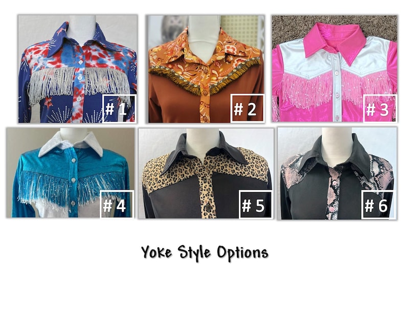 Op de afbeelding: Een collage van zes shirts in westerse stijl, elk met unieke jukontwerpen. De shirts hebben levendige kleuren, franjedetails en patronen zoals tie-dye, bloemenprints en dierenprints. De tekst "Yoke Style Options" staat onder de shirts.
