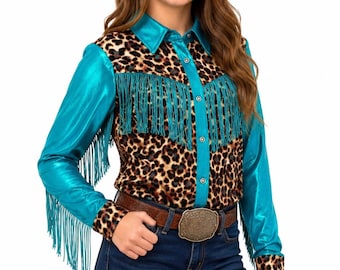 Turquoise gebreide westernblouse met luipaardprint en franjes voor meisjes/dames, top voor de rodeo-koningin, teal cheetah cowgirl westernkleding, kleding voor paardenshows