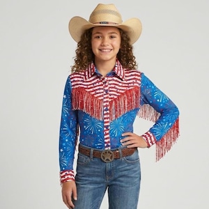 Girls Americana Western Show Shirt, Patriotic Red Glitter & Star Fringe Top, Kids Rodeo Queen Wear, Fourth of July Youth Cowgirl Knit Shirt