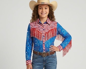 Girls Americana Western Show Shirt, Patriotic Red Glitter & Star Fringe Top, Kids Rodeo Queen Wear, Fourth of July Youth Cowgirl Knit Shirt