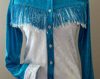 Western wear/show shirts/white/velour/fringe/girl shirt/Long sleeves/rodeo shirt/girls/knit shirt/pink/sparkly/aqua/turquoise/ladies