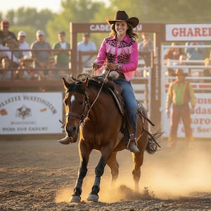 Puede incluir: Una mujer monta un caballo marr&oacute;n en un rodeo. Lleva una camisa rosa con estampado de leopardo y flecos, vaqueros azules y un sombrero de vaquero marr&oacute;n. El caballo levanta polvo al avanzar. Espectadores observan en el fondo.