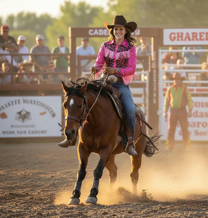 Puede incluir: Una mujer monta un caballo marr&oacute;n en un rodeo. Lleva una camisa rosa con estampado de leopardo y flecos, vaqueros azules y un sombrero de vaquero marr&oacute;n. El caballo levanta polvo al avanzar. Espectadores observan en el fondo.