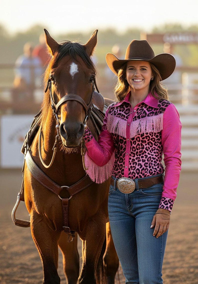 Puede incluir: Una mujer con sombrero de vaquero marr&oacute;n y camisa rosa con estampado de leopardo y flecos, junto a un caballo marr&oacute;n. Lleva vaqueros azules y una hebilla plateada. El caballo tiene una marca blanca en la frente.
