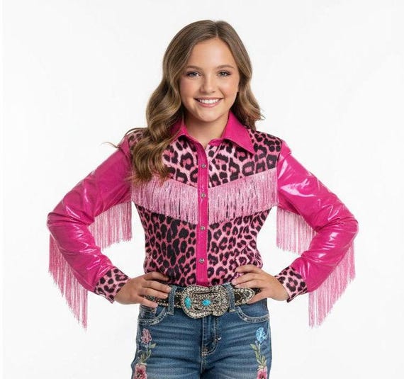 Girls/ladies Pink Knit Leopard Western Show Shirt with Fringe,Rodeo Queen Top, Fuchsia Cheetah Cowgirl Western wear , Horse Show Clothing,