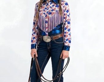 Girls and ladies Knit Patriotic Rodeo Shirt, Blue Fringe Western Show Top, Red White and Blue Stars & Stripes Cowgirl Outfit, Equestrian