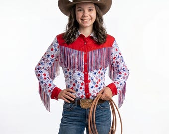Cowgirl Patriotic Stars Fringe Western Shirt, Handmade Rodeo Show Shirt for Girls and women