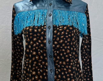 Western wear/show shirts/turquoise/cheetah/girls shirt/Long sleeved/rodeo shirt/cowgirl/knit shirt/sequin fringe/blue/brown/animal prints/
