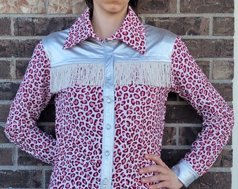 Western wear/show shirts/cheetah print/fringe/girl shirt/Long sleeves/rodeo shirt/cowgirl shirt/knit shirt/gifts for girls/pink/white/animal