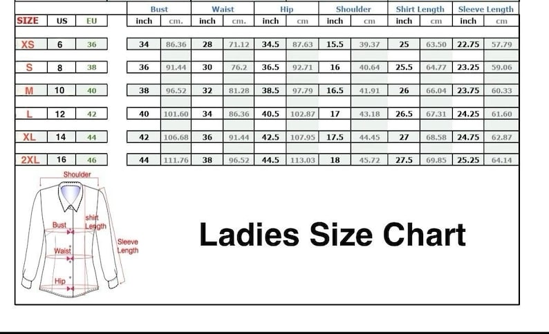 Puede incluir: Una tabla blanca con texto negro que detalla las tallas de ropa de mujer. La tabla incluye medidas de busto, cintura, cadera, hombro, largo de camisa y largo de manga en cm y pulgadas. El texto "Ladies Size Chart" est&aacute; en la parte inferior.