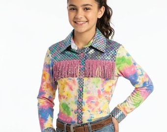 Camisa vaquera con flecos estilo sirena - Camisa estilo rodeo con estampado tie-dye