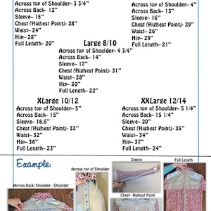 Op de afbeelding: Een maattabel met afmetingen voor verschillende maten, van Small 5/6 tot XXLarge 12/14. De afmetingen omvatten schouderbreedte, rugbreedte, mouwlengte, borst, taille, heup en volledige lengte, in inches.