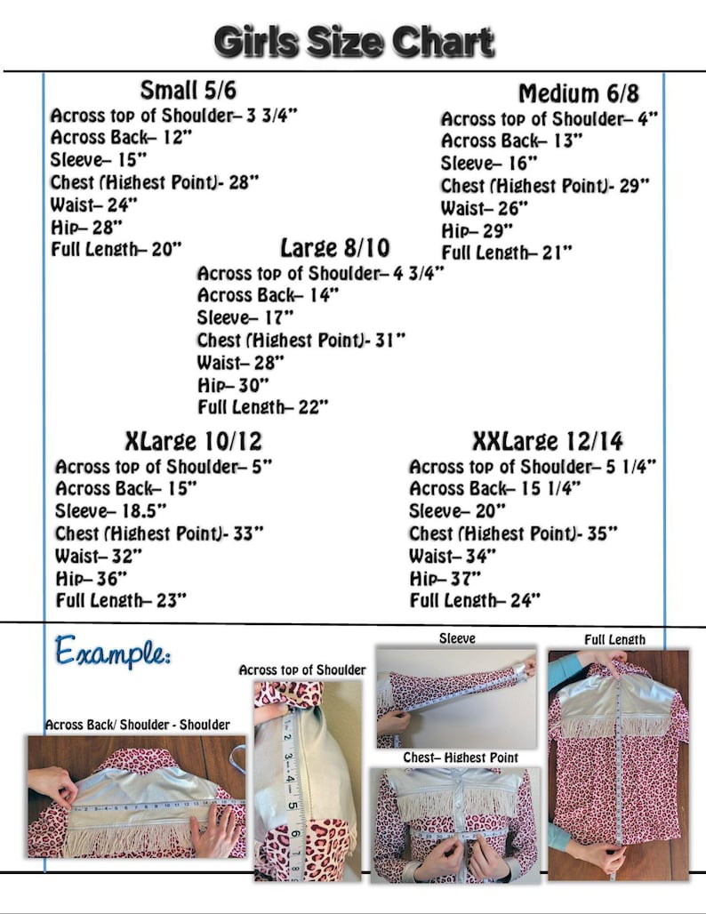 Puede incluir: Tabla de tallas para ni&ntilde;as, tallas 5/6 a 12/14. La tabla incluye medidas de hombro, espalda, manga, pecho, cintura, cadera y largo total, en pulgadas. Se incluyen im&aacute;genes de ejemplo.