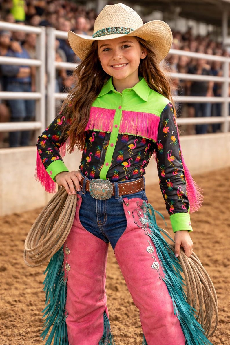 Op de afbeelding: Een persoon draagt een strooien cowboyhoed en een zwart shirt met een flamingo- en ananaspatroon. Het shirt heeft een neon groene kraag en manchetten en roze franjes. Ze dragen een spijkerbroek, roze chaps met turquoise franjes en een bruine riem.