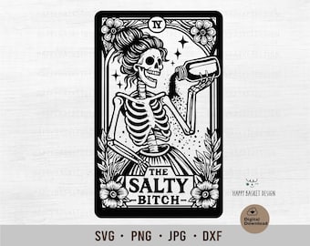 May include: Black and white illustration of a skeleton holding a salt shaker with the text "The Salty Bitch" on a card with a floral design.