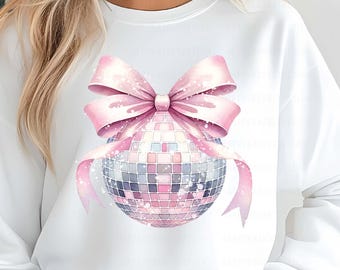 May include: A pink and white disco ball ornament with a large pink bow. The ornament is decorated with glitter and has a sparkly finish.