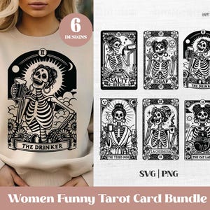 Lot de 6 cartes de tarot de femmes drôles SVG Png | Tarot squelette amusant pour femme | Tarot des mamans | maxican La chismosa | tarot maman chat | Le buveur