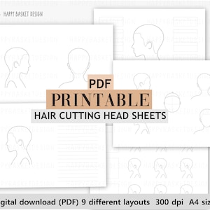 9 layouts Blank Hair cutting head sheets PDF Printable A4 Size for Hairdressing, Cosmetology students salon.