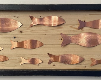 Framed Copper Metal Fish - Wooden Fish Wall Decor, Painted Wooden Fish School, Coastal, Rustic Beach, Lake House,  Nautical Wooden Fish