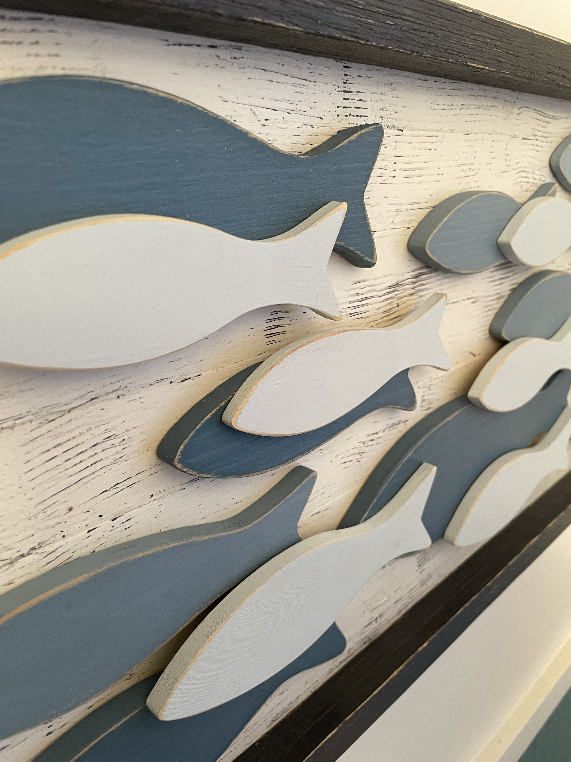 Framed Wooden Fish Wall Decor, Painted Wooden Fish School, Coastal