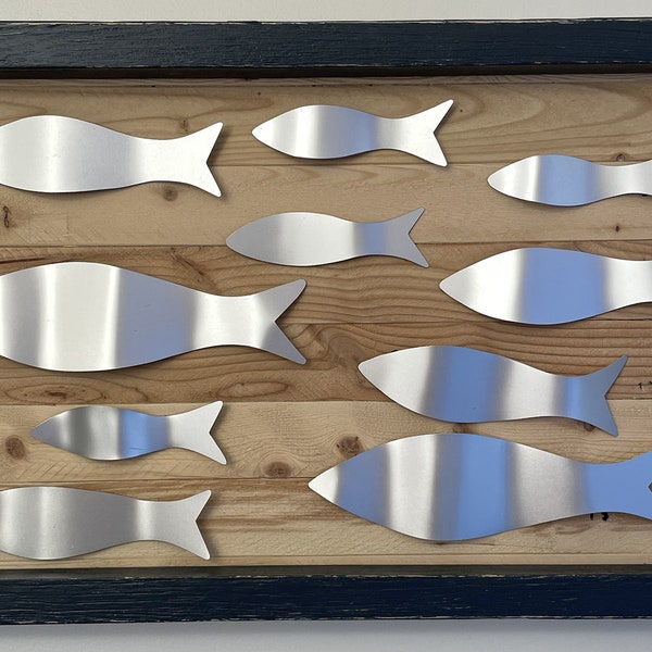 Framed Aluminum Metal Swimming Fish - Wooden Fish, Painted, Fish School, Coastal, Rustic Beach, Lake House, Framed Nautical Wooden Fish