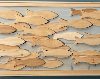 Wooden Fish Wall Decor, Painted Wooden Fish School, Coastal Decor, Rustic Beach, Beach House Wall, Lake House, Framed Nautical Wooden