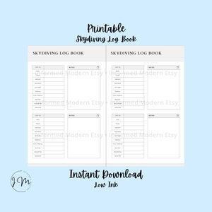 Simple Skydiving Log Book | Low Ink |  Printable Log Book Journal for Skydiving | Track Skydiving Jumps for Certification | Log Book Pages