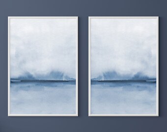 Set of 2 Blue Watercolor Wall Art, Large Minimalist Art, Abstract Landscape, Modern Printable Poster, Navy Blue Set of 2, Digital Download