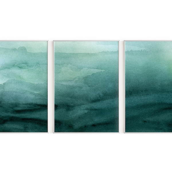 Green Watercolor Landscape Wall Art, Misty Abstract Watercolor Print, Large 3 Piece Watercolor, Modern Printable Art, Set of 3, 24x36
