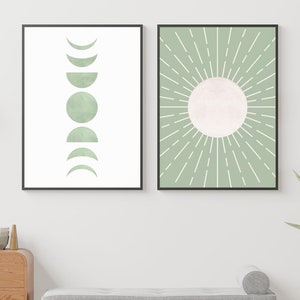 Sage Green Moon Phase Decor, Boho Wall Art, Mid Century Printable, Modern Sun, Set of 2, Minimalist Art, Sage Green Wall Art, Neutral Colors