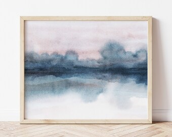 Große Aquarell Landschaft Wandkunst, Winter Wandkunst, Blau Grau Aquarell Druck, moderne minimalistische Kunst, druckbares Poster, abstrakt, indigo