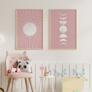 Blush Pink Moon Phase Decor, Kids Wall Art, Nursery Wall Art, Boho Wall Decor, Mid Century Printable, Modern Sun, Set of 2, Minimalist Art