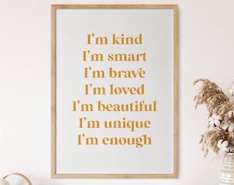 Affirmations for kids, Yellow Motivational Print, I am Loved Print, Boho Wall Art, Home Office Print, Typography, Inspirational Poster