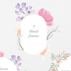 Clipart de marco de flores de acuarela, rosa pastel rosa, clipart floral, corona de flores silvestres, tarjeta de invitación de boda, tarjeta de agradecimiento, bricolaje, PNG