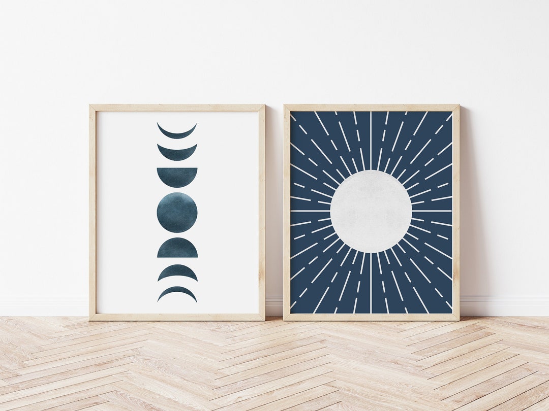 Navy Blue Moon Phase Decor, Boho Wall Art, Mid Century Printable ...