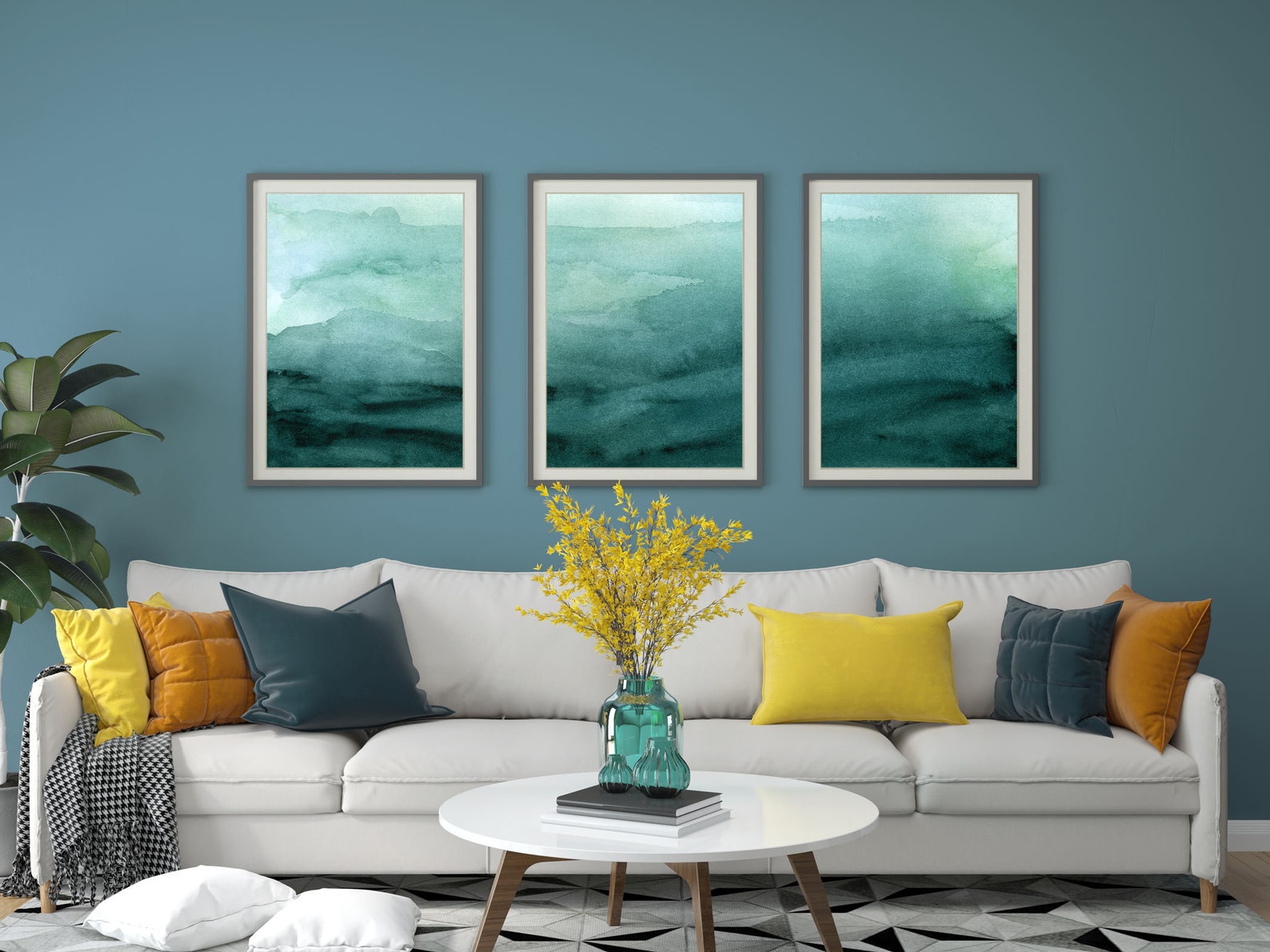 Green Watercolor Landscape Wall Art Misty Abstract Watercolor Etsy