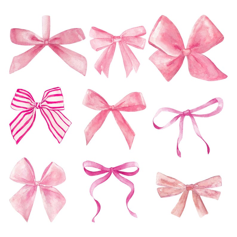 Watercolor Coquette Bows Clipart Pastel Pink Ribbon PNG Cute Soft Girl ...