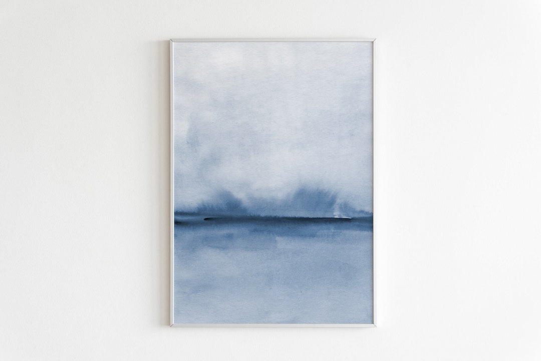 Blue Landscape Wall Art, Watercolor Print, Minimalist Abstract Art