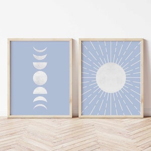 Baby Blue Moon Phase Decor Kids Wall Art Nursery Boho Mid Century stampabile moderno sole Set di 2 camera da letto minimalista pastello lavanda