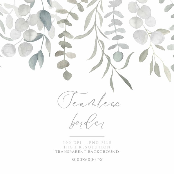 Eucalyptus seamless border, Greenery frame clipart, Sage Green wreath, Laurel clipart, Winter Watercolor frame, PNG, Rustic Boho, Wedding