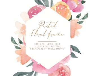 Watercolor flower frame clipart, Pastel Pink, Floral clipart, Rose and Peony wreath, wedding invite card, Coral rose printable, PNG