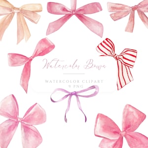 Watercolor Coquette bows clipart Pastel Pink ribbon PNG cute soft girl Red Purple Beige Blue element hand painted ribbon gift birthday