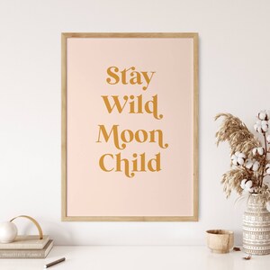 May include: A framed print with a pink background and the text "Stay Wild Moon Child" in a gold color.