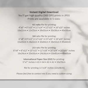 May include: A white text document with the title "Instant Digital Download" and information about different print sizes available for purchase. The text includes measurements in inches and centimeters.