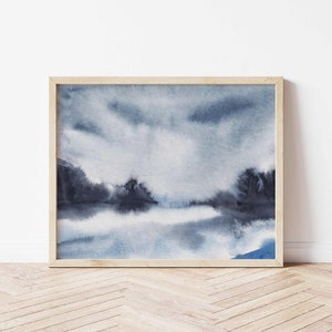 Invierno acuarela paisaje pared arte bosque nevado azul gris acuarela impresión moderno minimalista imprimible cartel abstracto índigo dibujado a mano